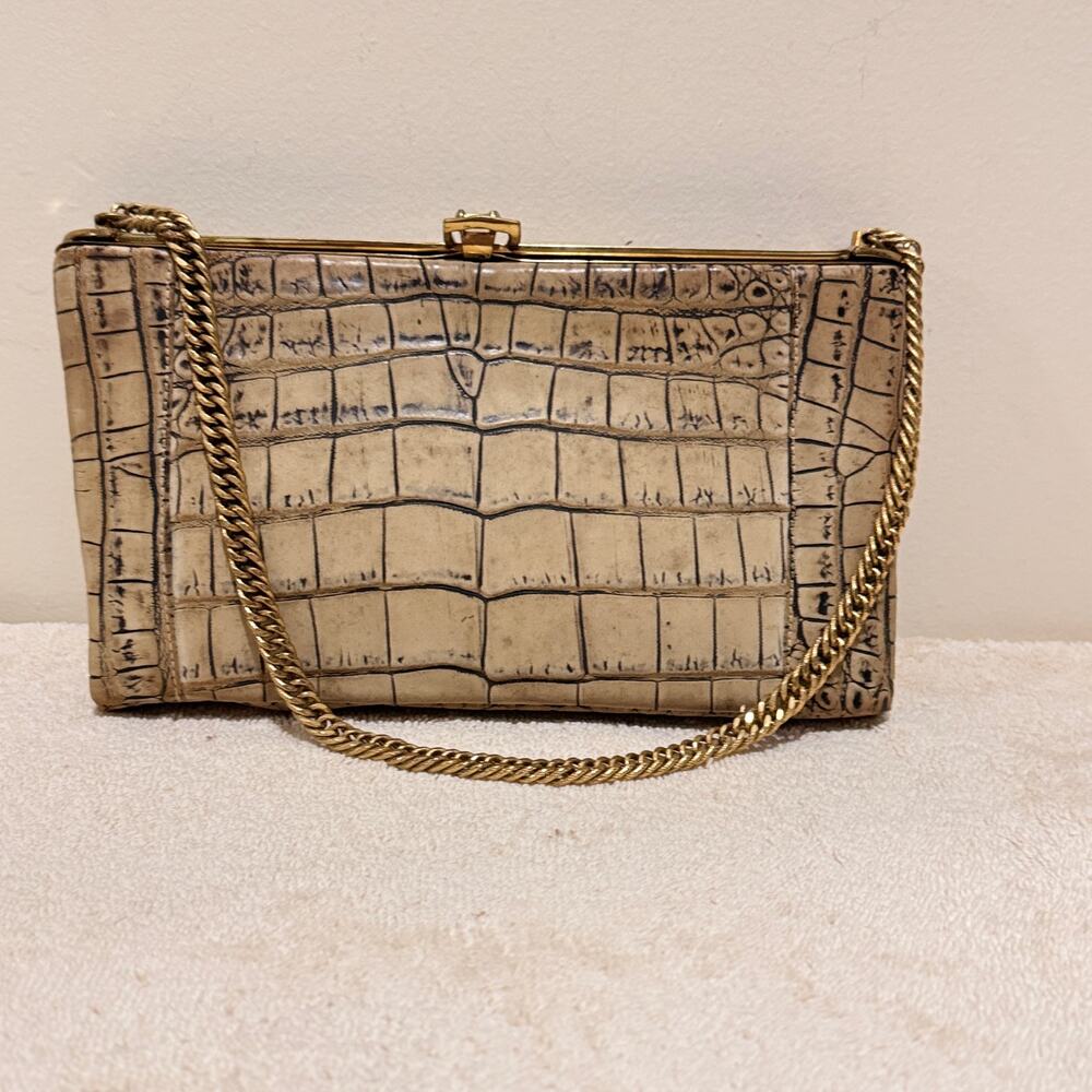 Vintage Deitsch Cream Crocodile Embossed Leather Chain Strap Clutch Purse